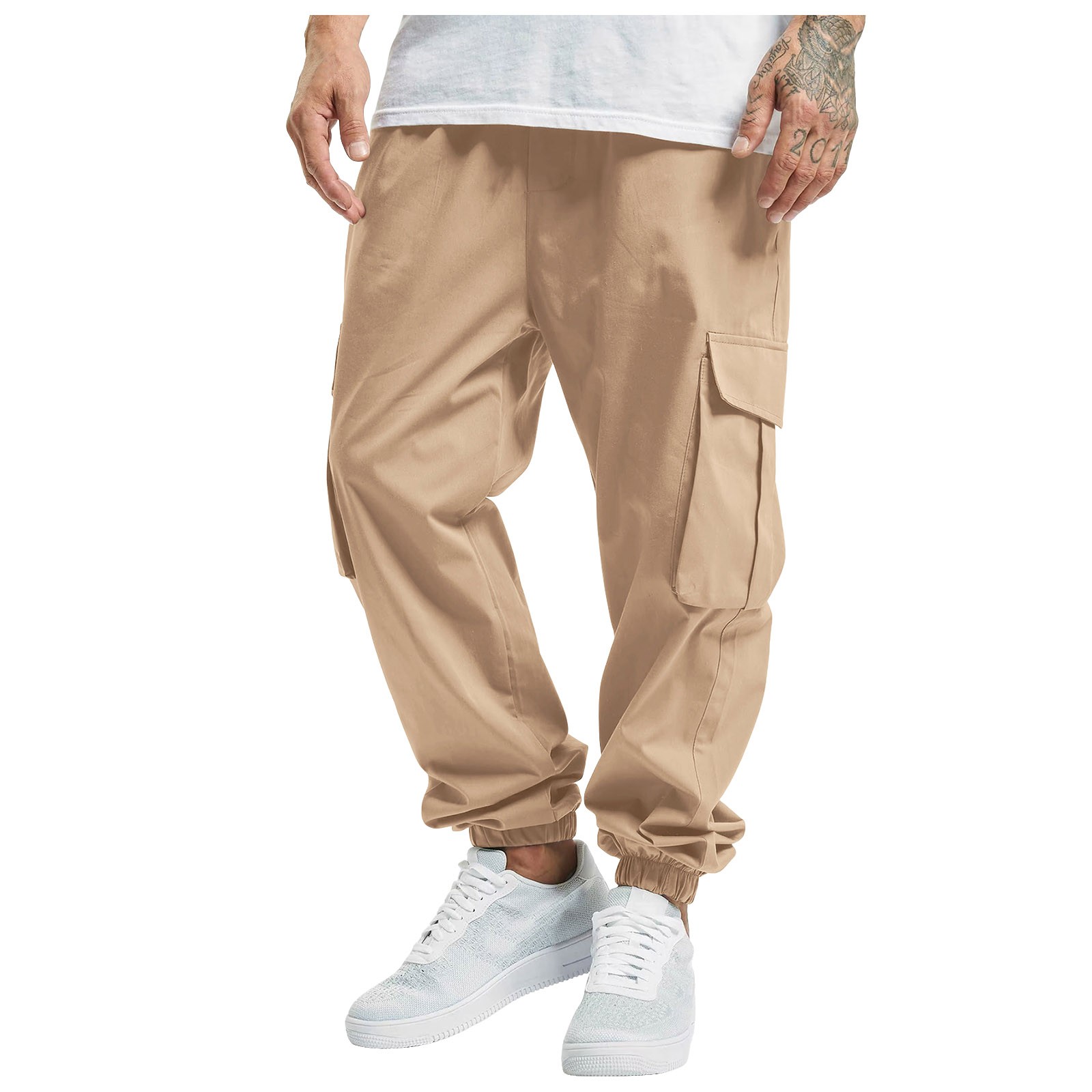 thumbnail image 1 of Pantalones cargo de color liso para hombre, aptos para todas las estaciones, con bolsillos. Mono deportivo informal de poliéster., 1 of 8